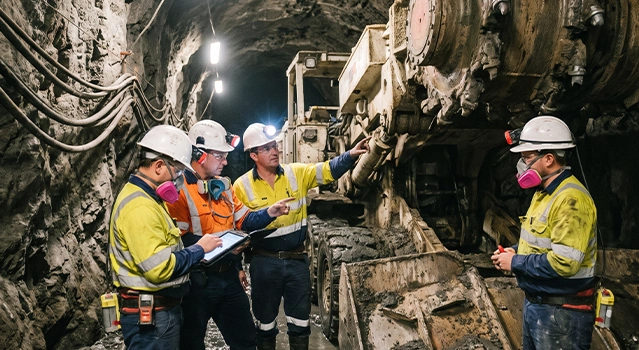 Equipo de ingenieros y mineros con equipo de protección personal revisando maquinaria pesada en una